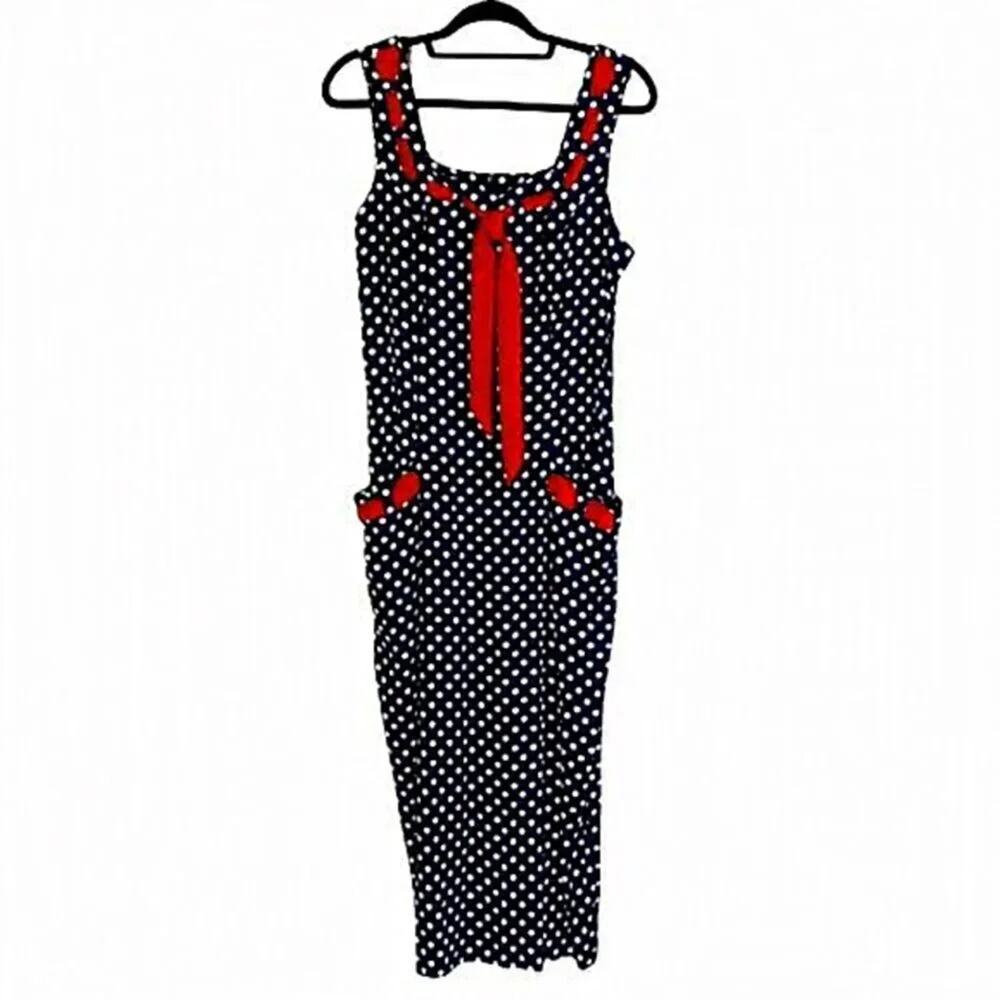 LESLIE LUCKS Blue & Red Ribbon Polka Dot Pin Up Sailor Dress Size 10
